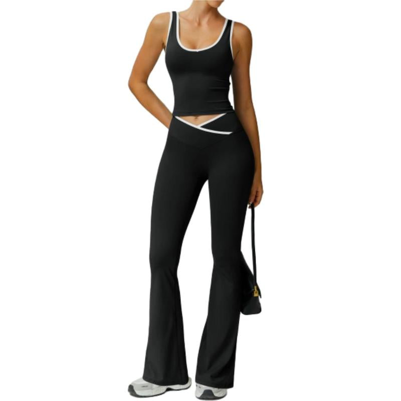 Women'S Colorblocked Workout Outfit 2 Piece Tank Top & Flared Lounge Pants for Yoga, Running & Leisure
